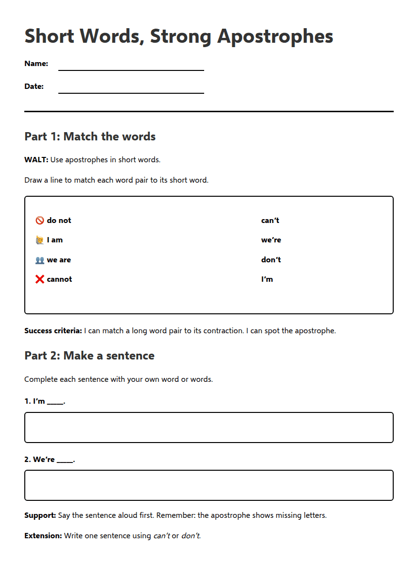 Short Words, Strong Apostrophes worksheet preview