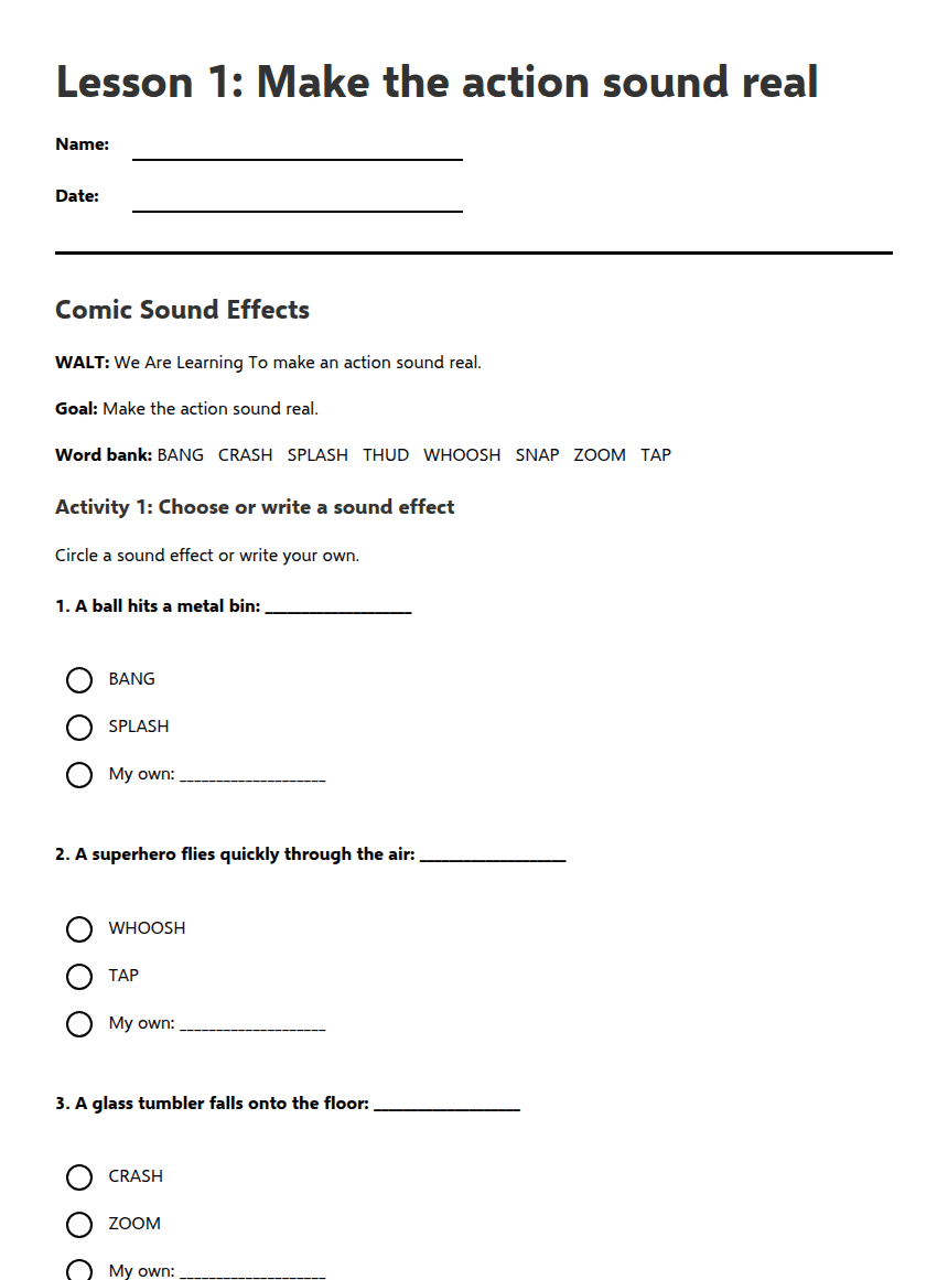 Comic Sound Effects worksheet preview