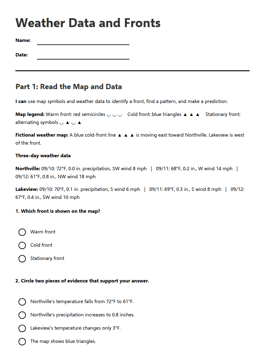 Weather Data and Fronts worksheet preview