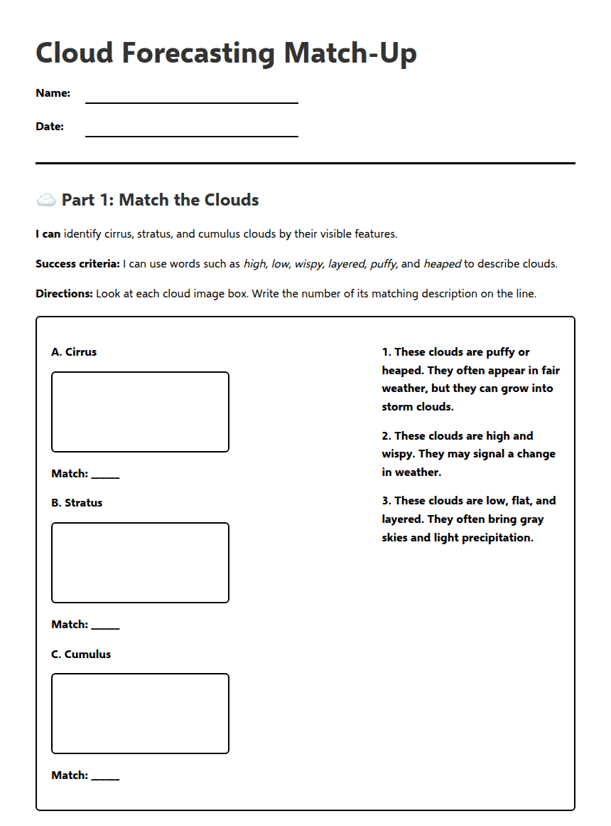 Cloud Forecasting Match-Up worksheet preview
