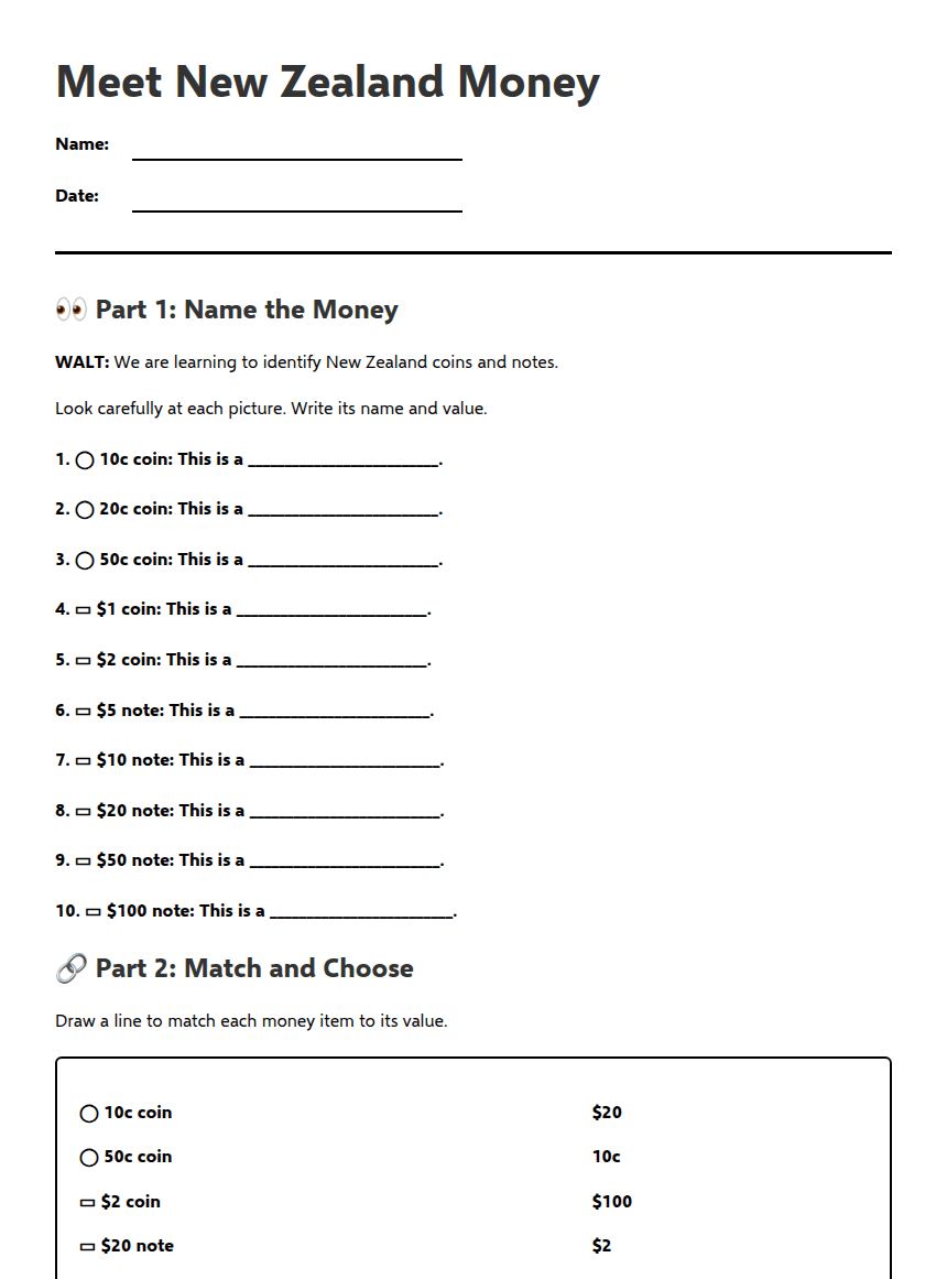Meet New Zealand Money worksheet preview