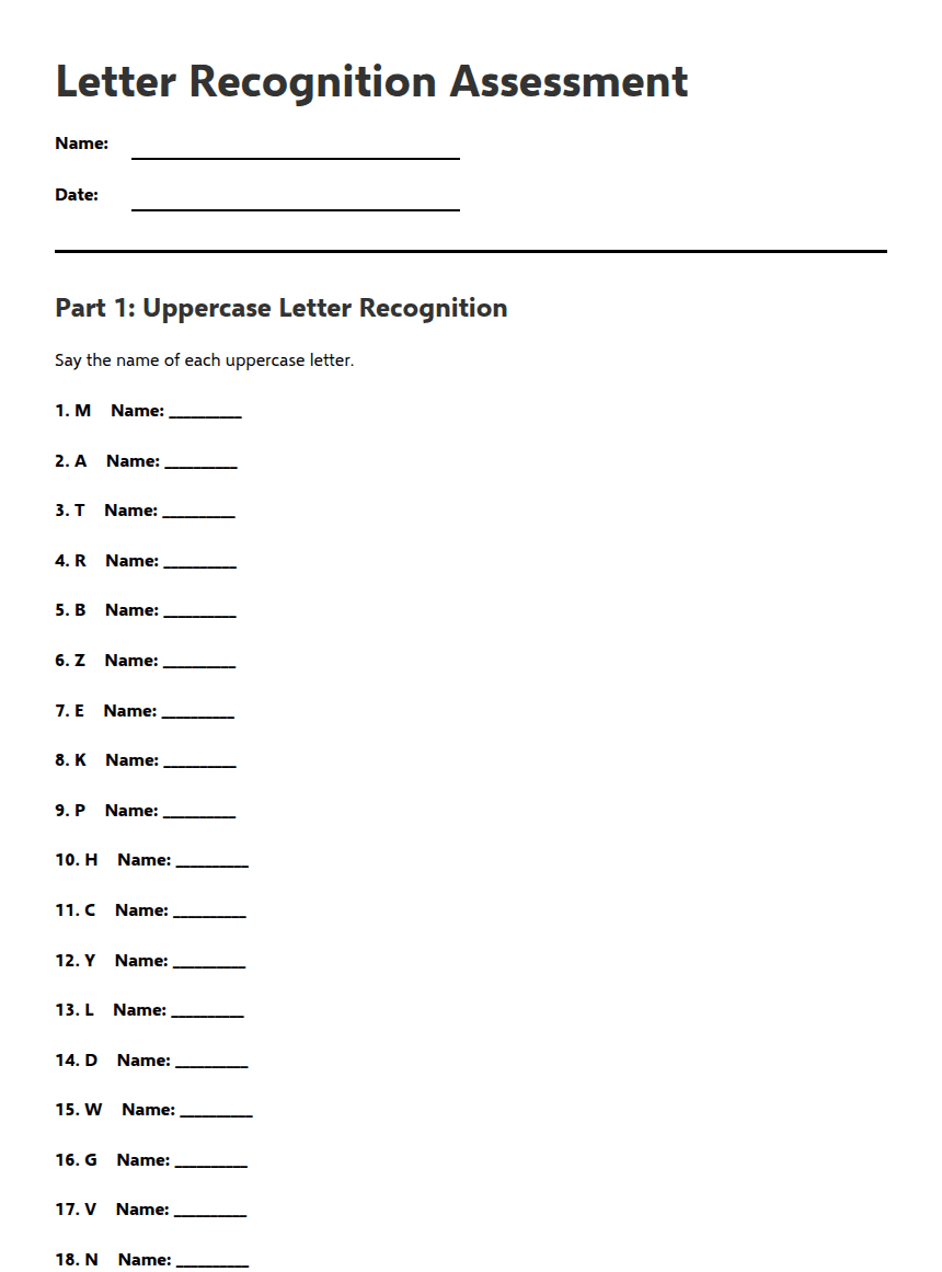 Letter Recognition Assessment worksheet preview