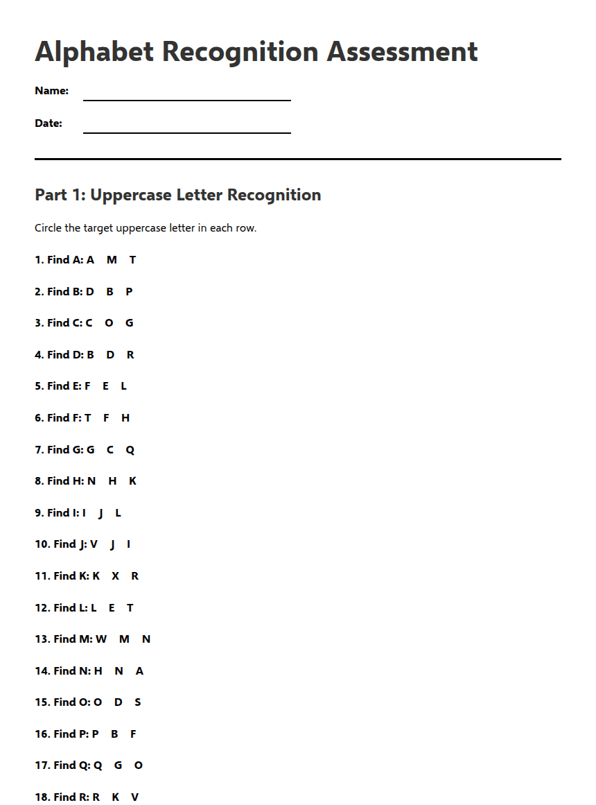 Alphabet Recognition Assessment worksheet preview