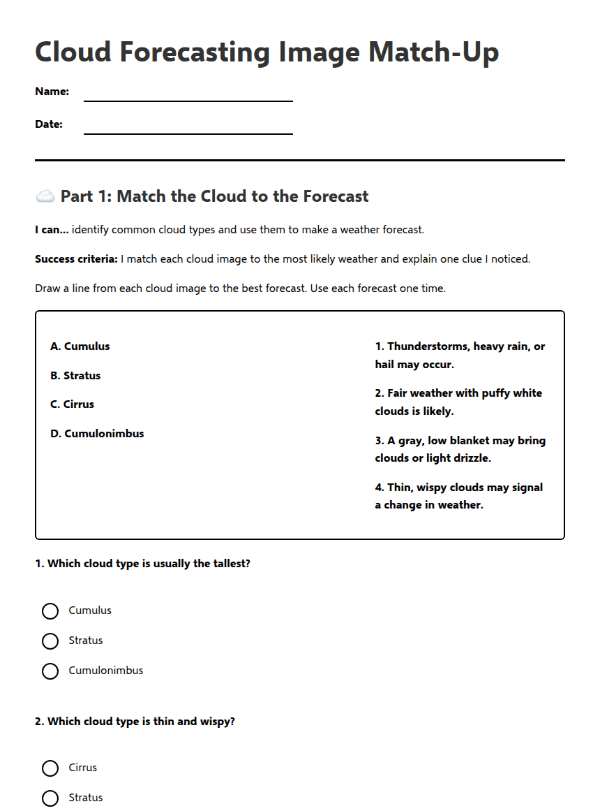Cloud Forecasting Image Match-Up worksheet preview