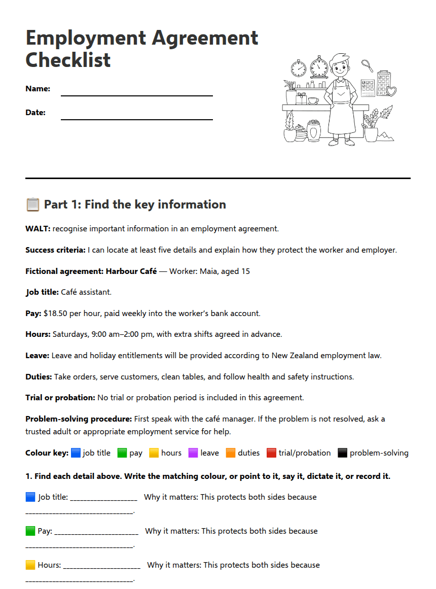 Employment Agreement Checklist worksheet preview