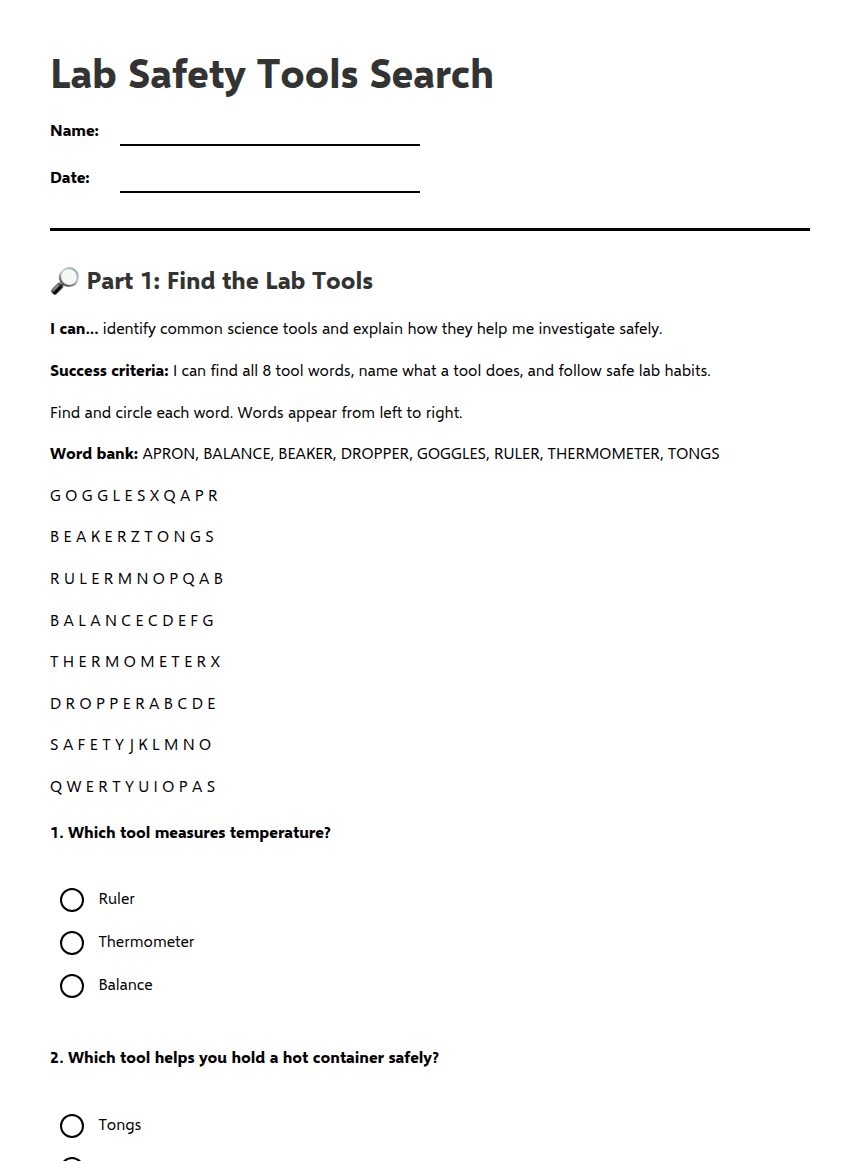 Lab Safety Tools Search worksheet preview