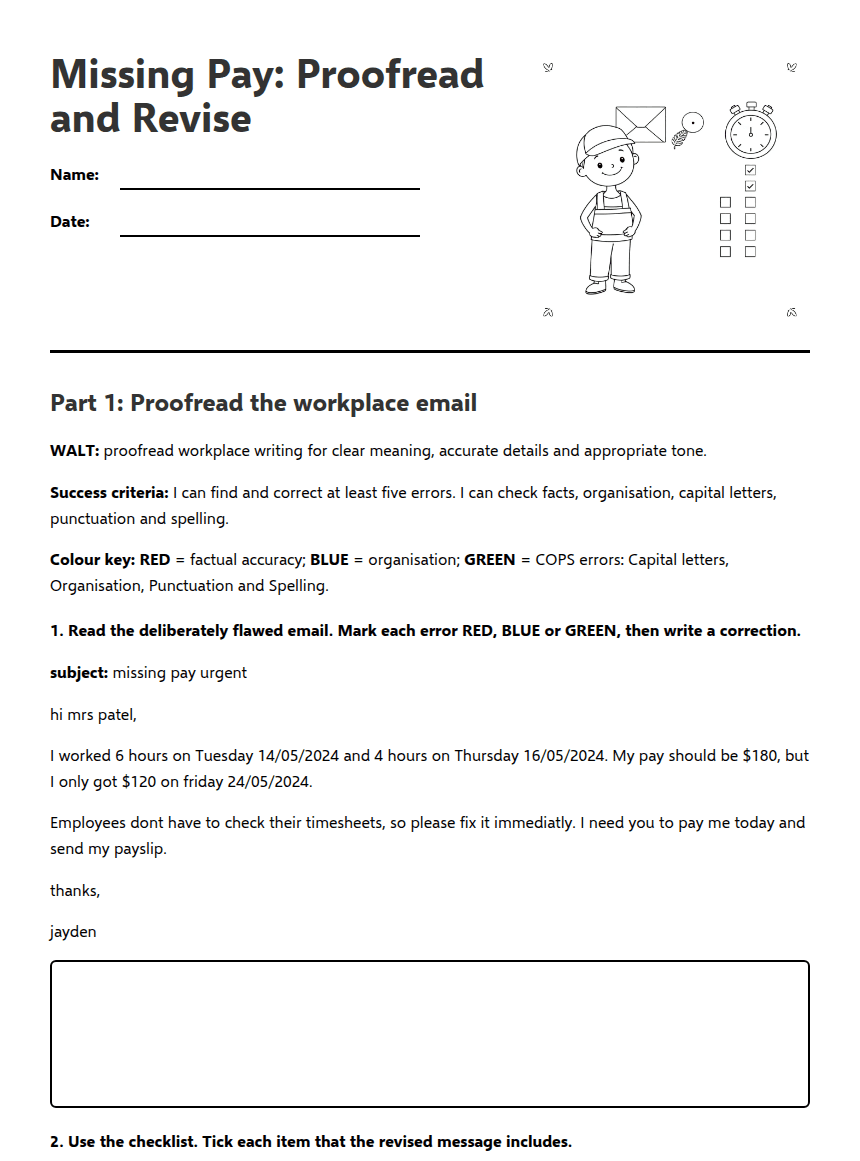 Missing Pay: Proofread and Revise worksheet preview