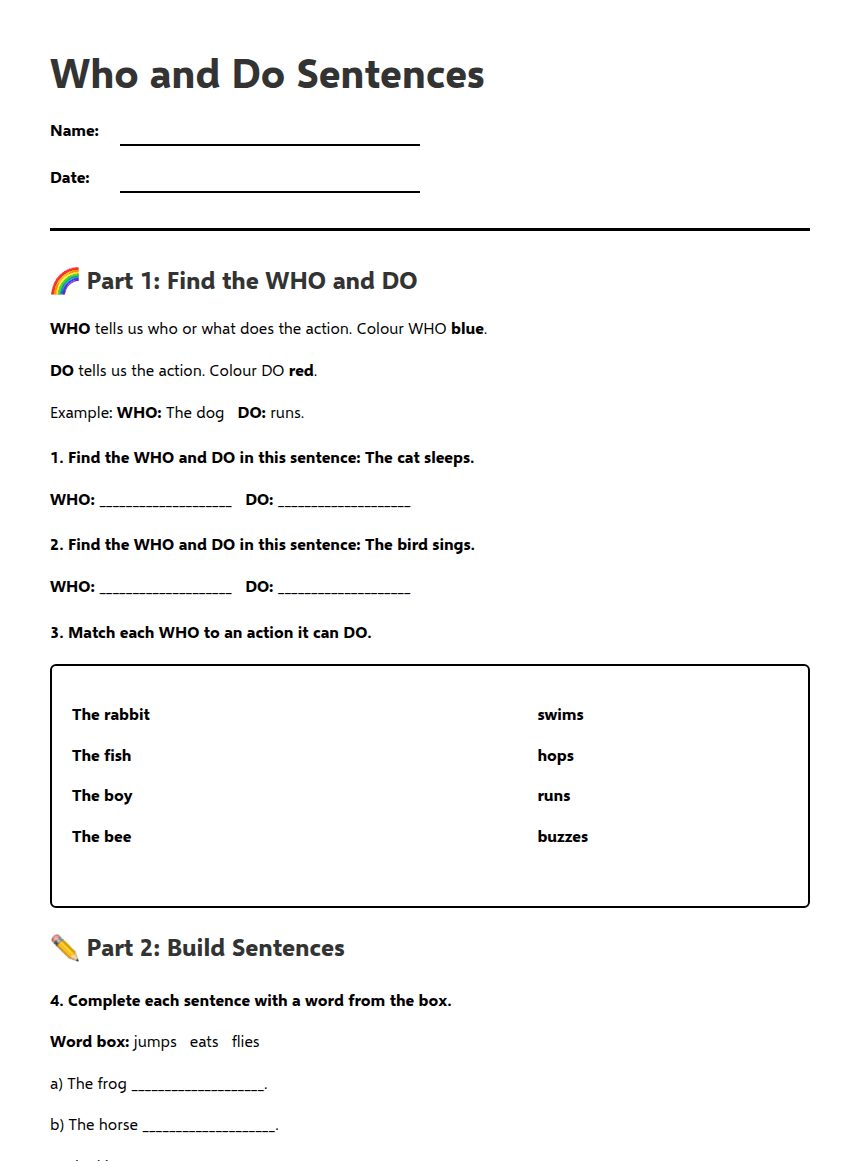 Who and Do Sentences worksheet preview