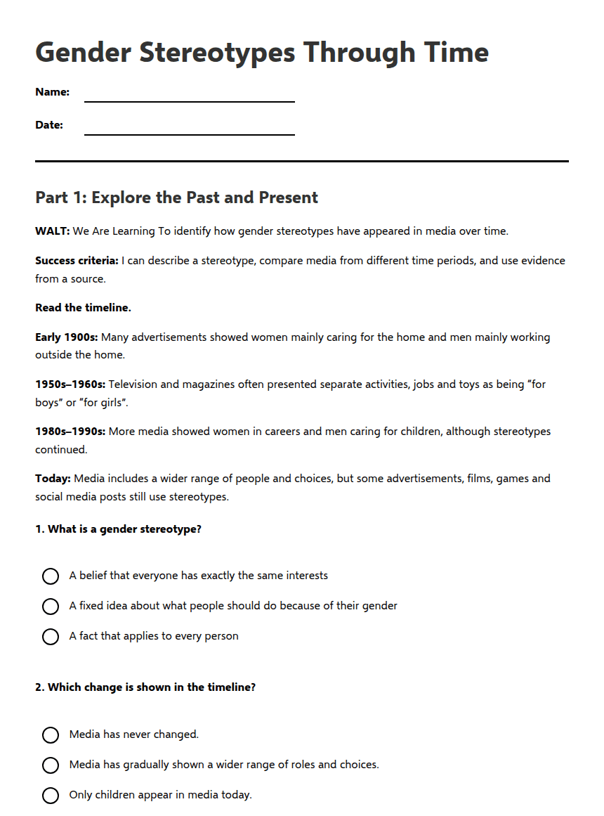 Gender Stereotypes Through Time worksheet preview