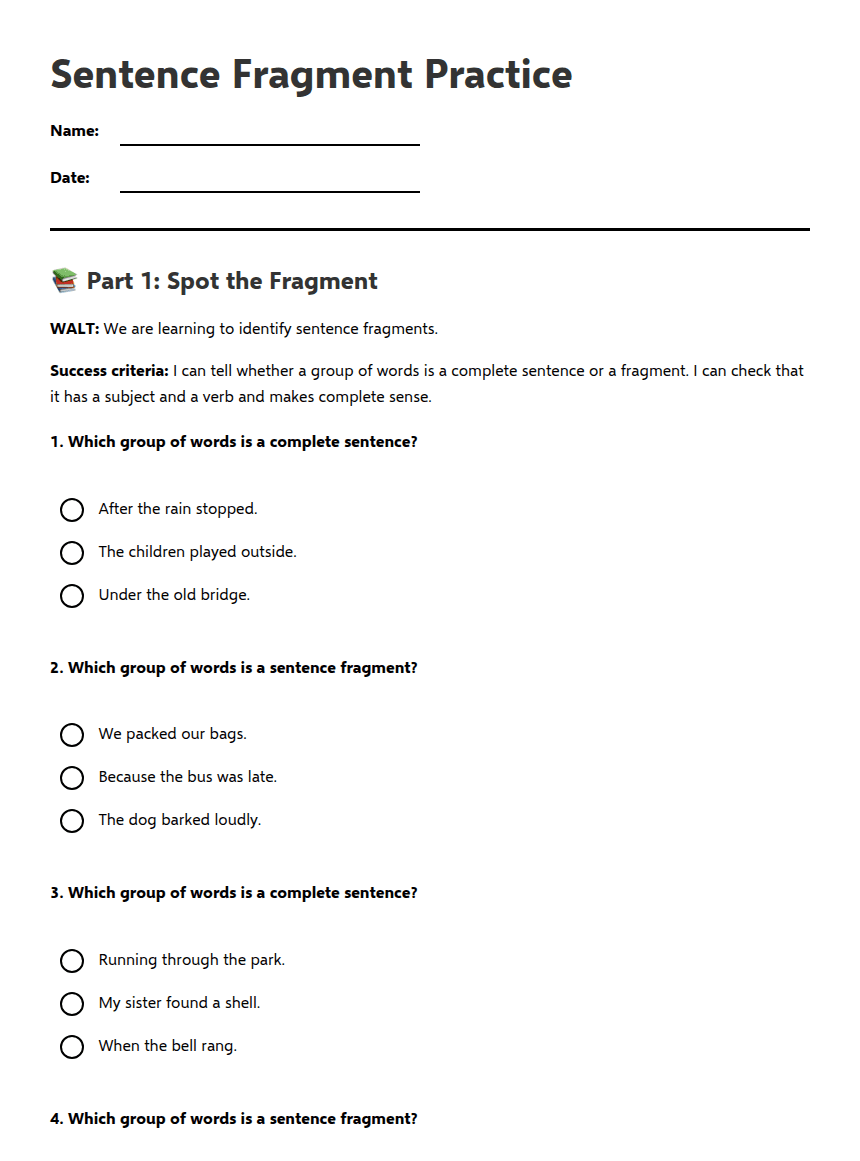 Sentence Fragment Practice worksheet preview