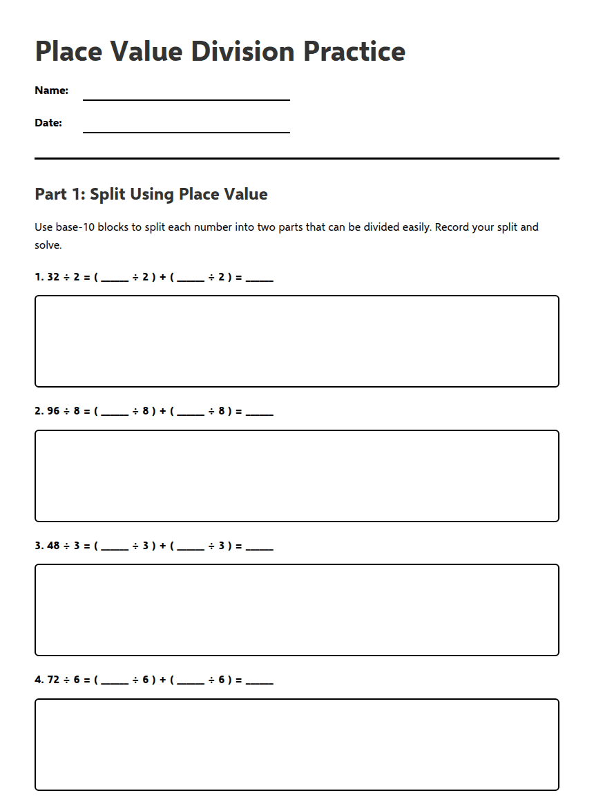 Place Value Division Practice worksheet preview