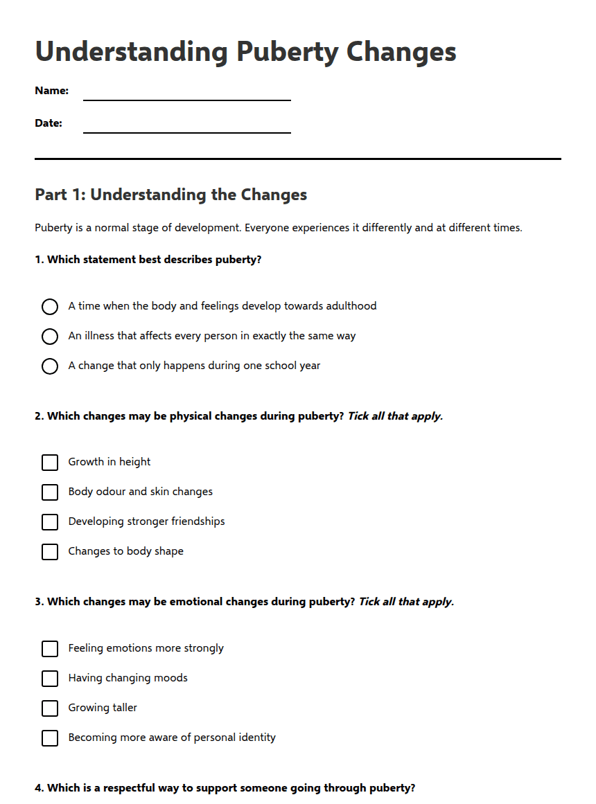 Understanding Puberty Changes worksheet preview