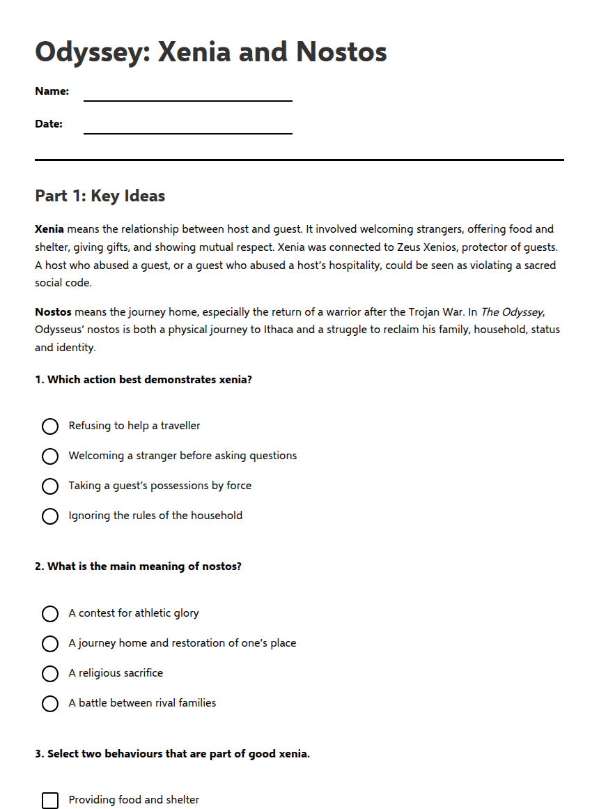 Odyssey: Xenia and Nostos worksheet preview