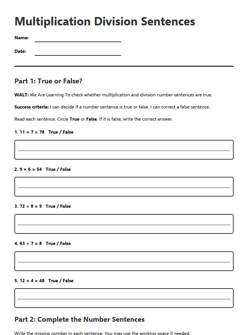 Multiplication Division Sentences worksheet preview