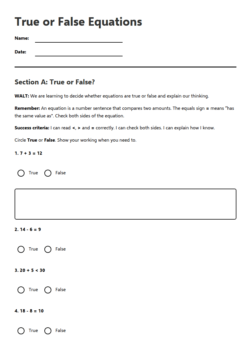 True or False Equations worksheet preview