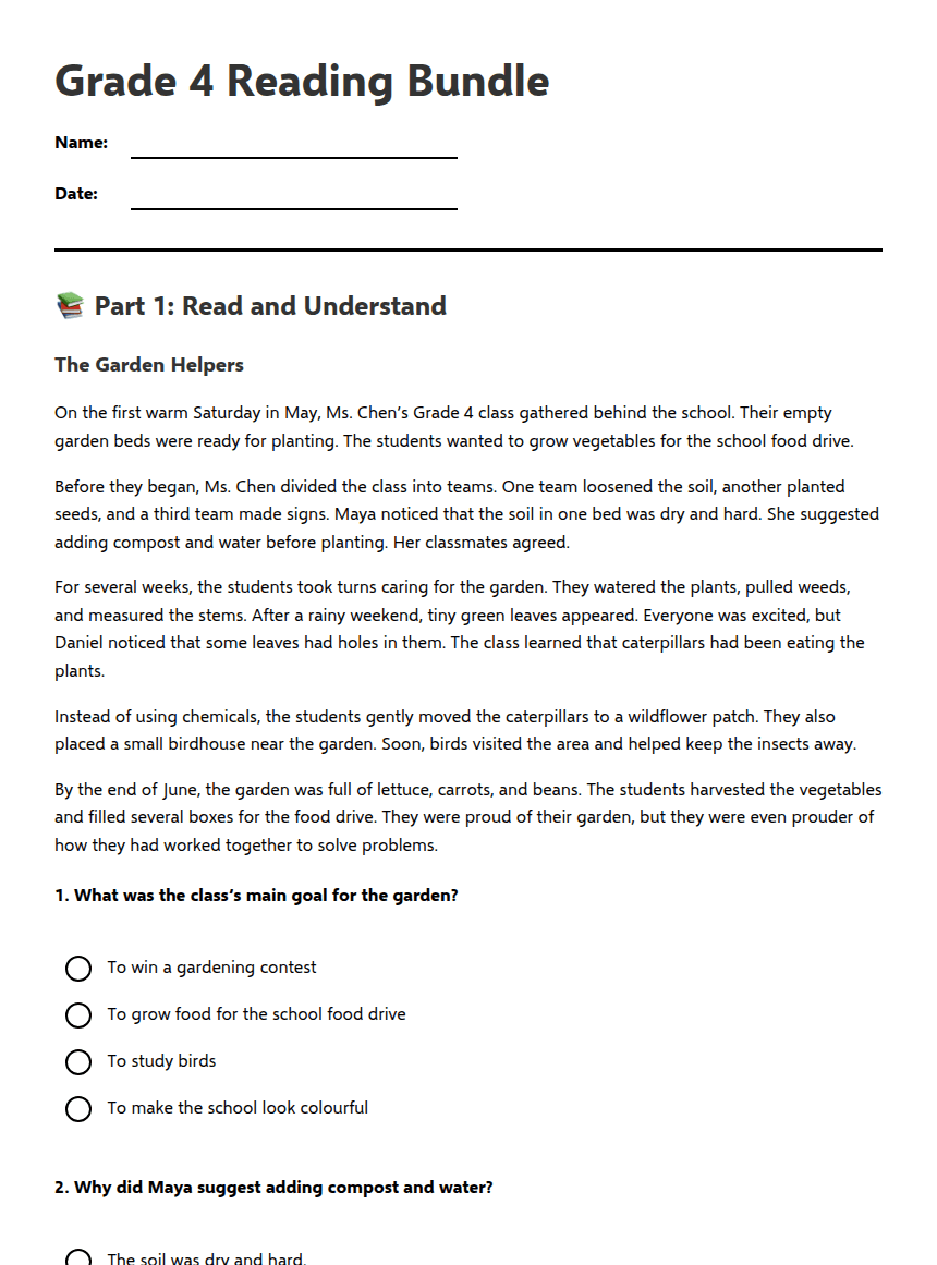 Grade 4 Reading Bundle worksheet preview