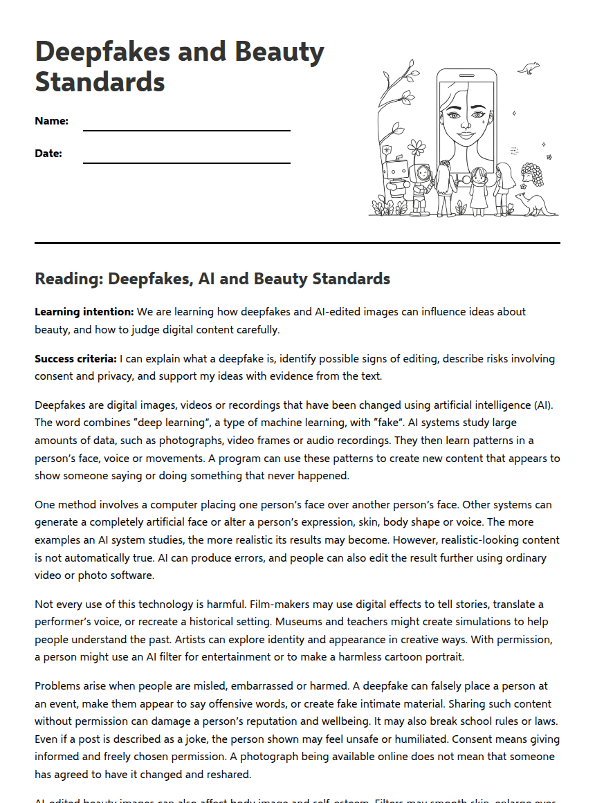 Deepfakes and Beauty Standards worksheet preview