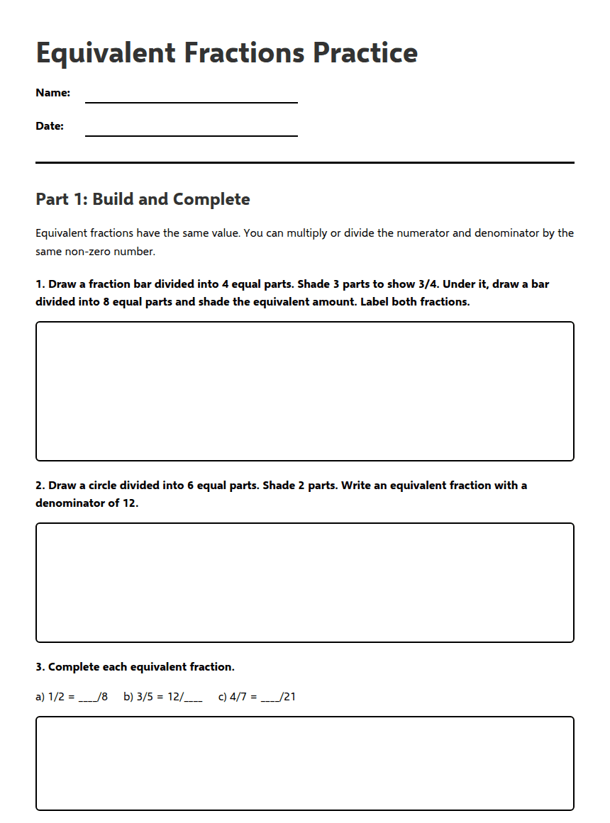 Equivalent Fractions Practice worksheet preview