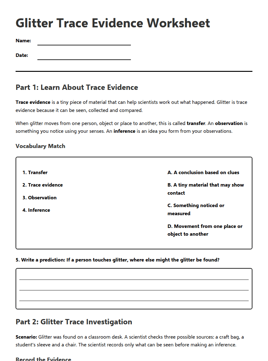Glitter Trace Evidence Worksheet worksheet preview