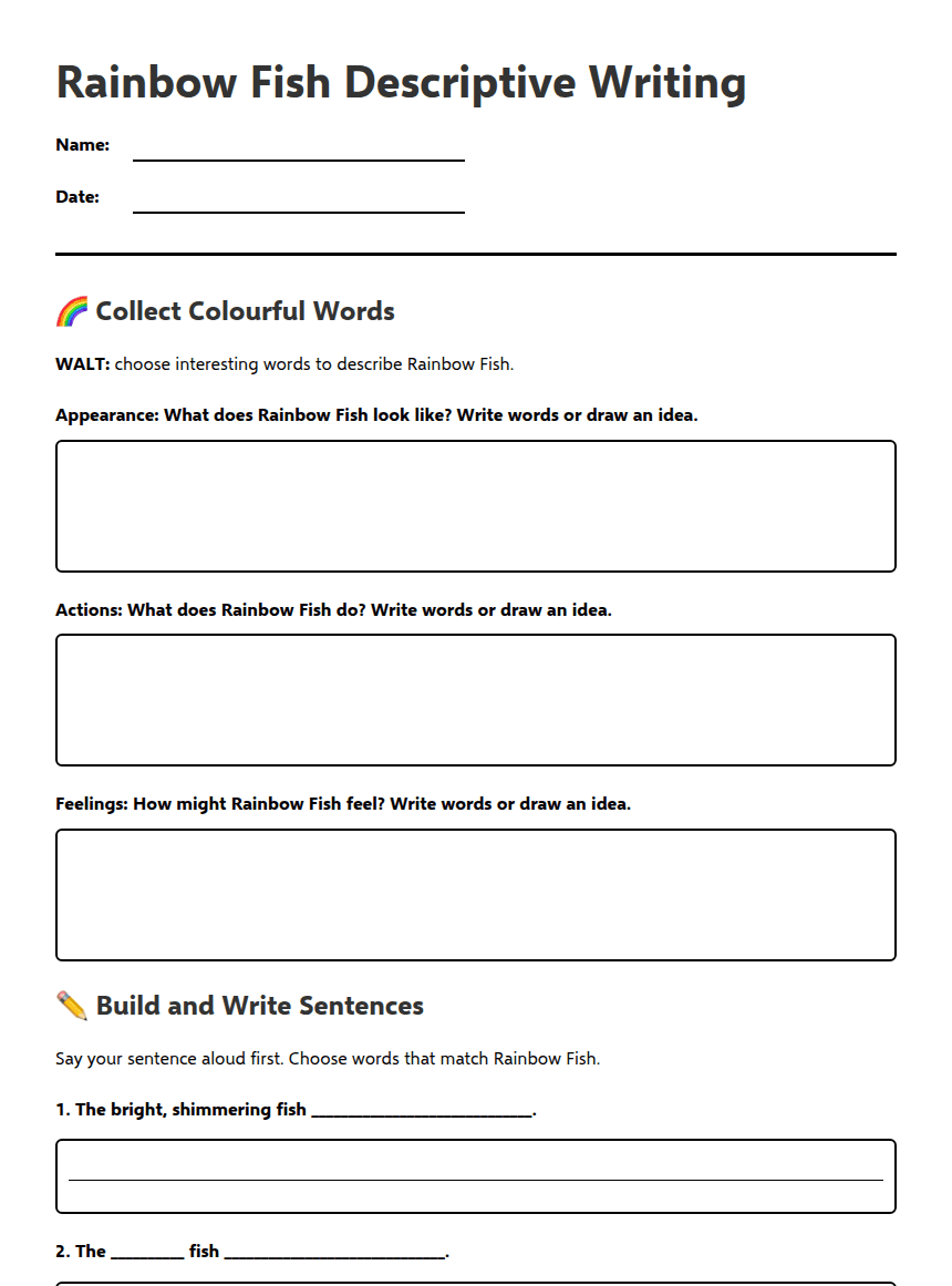 Rainbow Fish Descriptive Writing worksheet preview