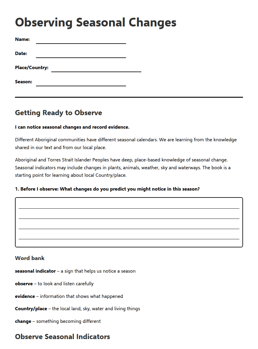 Observing Seasonal Changes worksheet preview