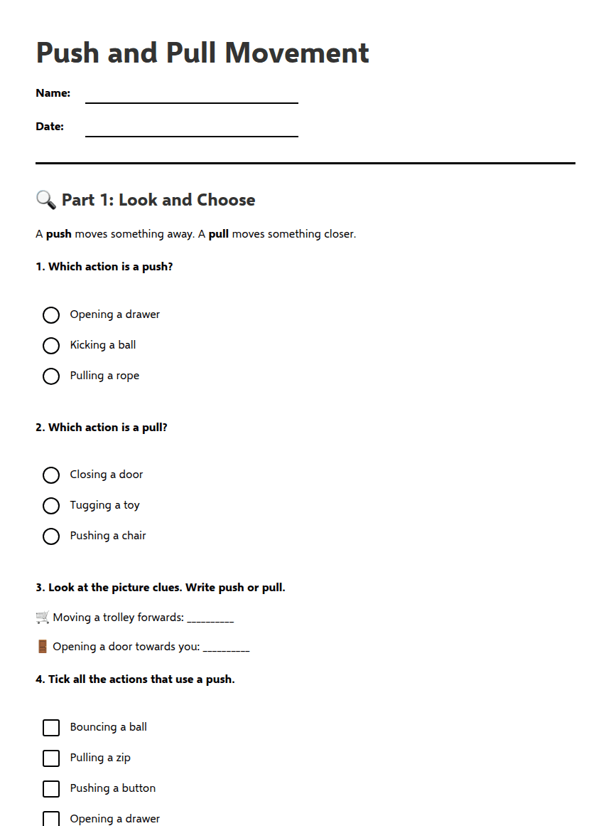 Push and Pull Movement worksheet preview