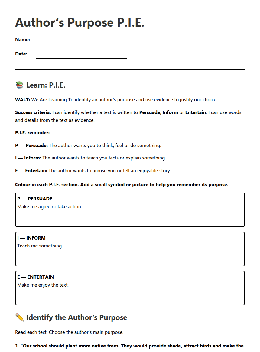 Author’s Purpose P.I.E. worksheet preview