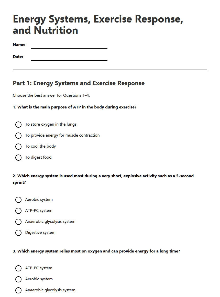 Energy Systems, Exercise Response, and Nutrition worksheet preview