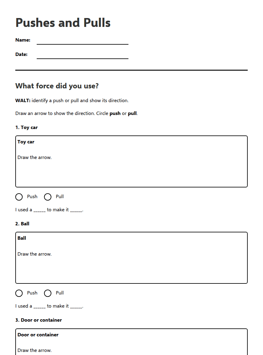 Pushes and Pulls Worksheet worksheet preview