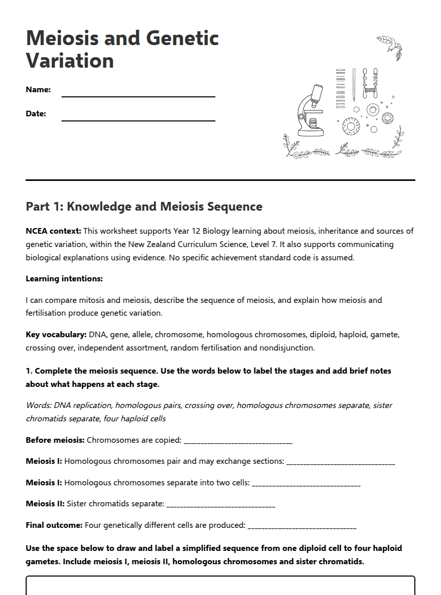 Meiosis and Genetic Variation worksheet preview