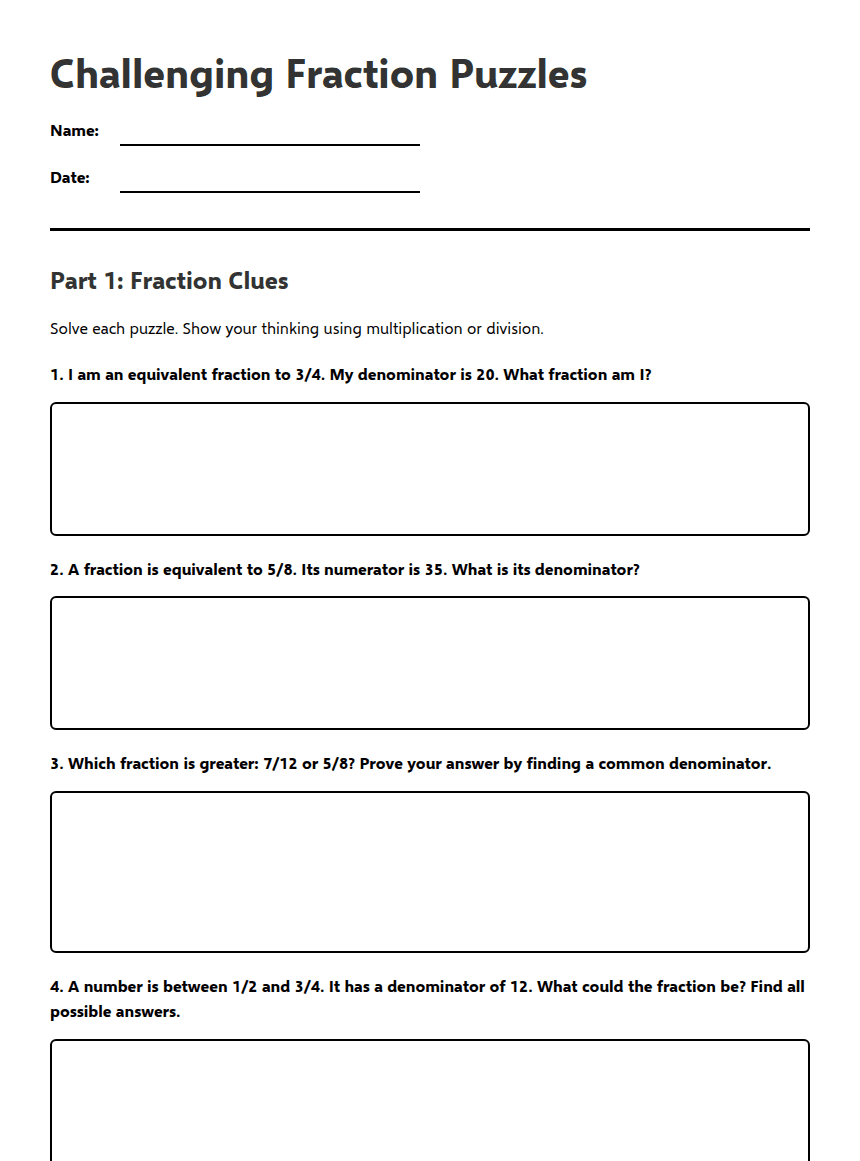 Challenging Fraction Puzzles worksheet preview