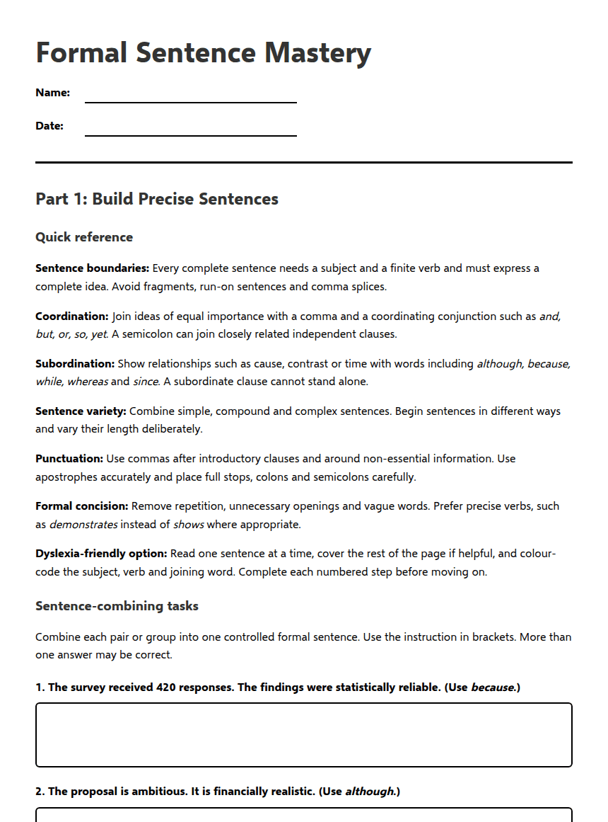 Formal Sentence Mastery worksheet preview