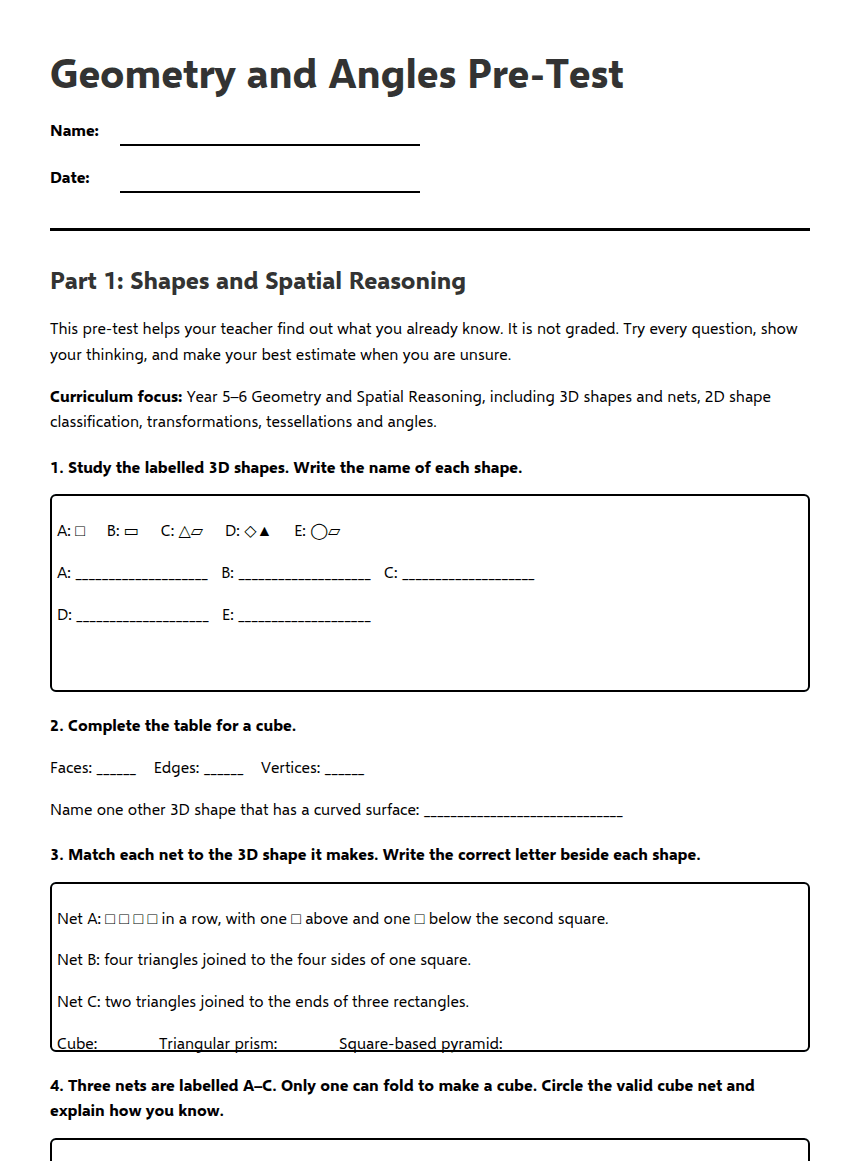 Geometry and Angles Pre-Test worksheet preview