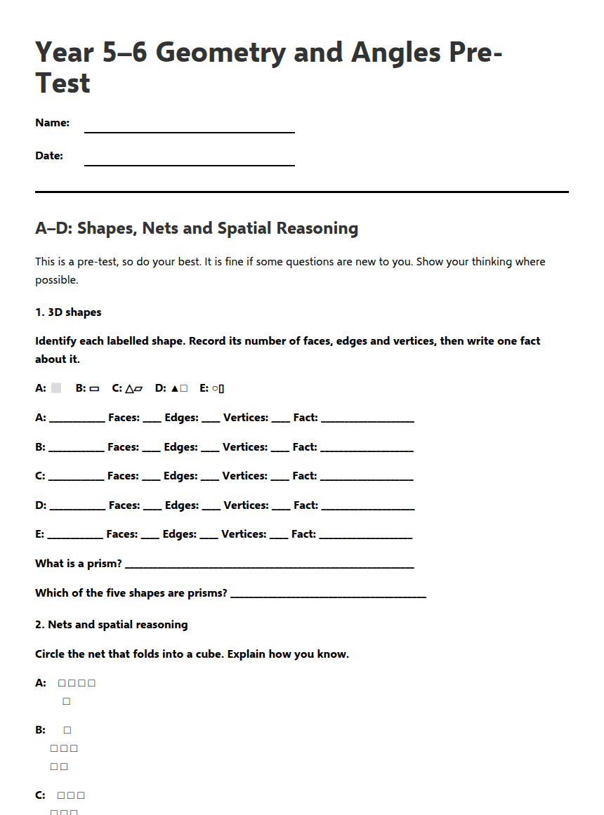 Year 5–6 Geometry Diagnostic Pre-Test worksheet preview