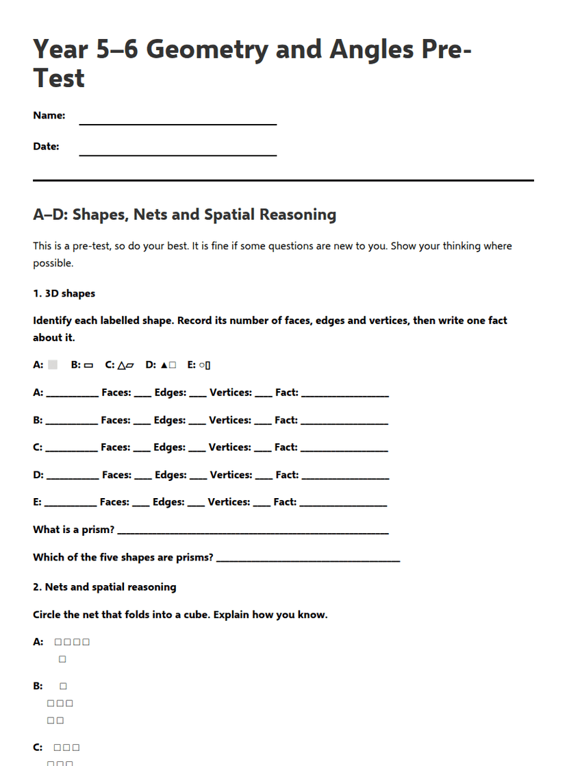 Year 5–6 Geometry Diagnostic Pre-Test