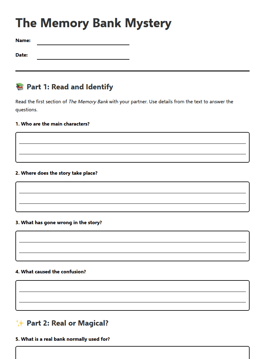 The Memory Bank Mystery worksheet preview