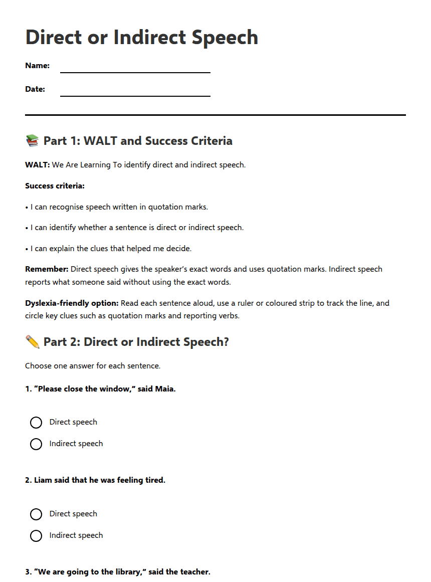 Direct or Indirect Speech worksheet preview