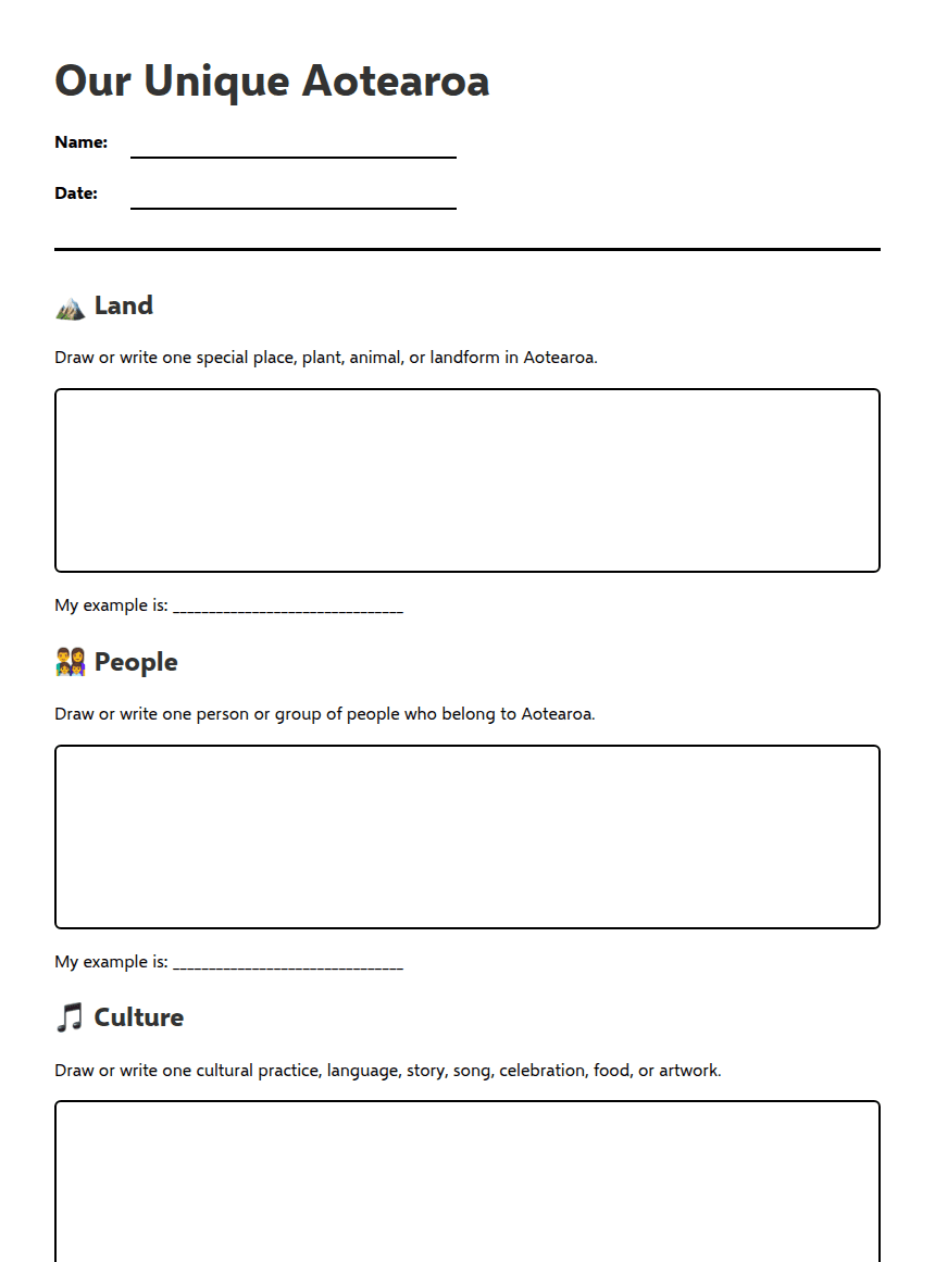 Our Unique Aotearoa Worksheet worksheet preview