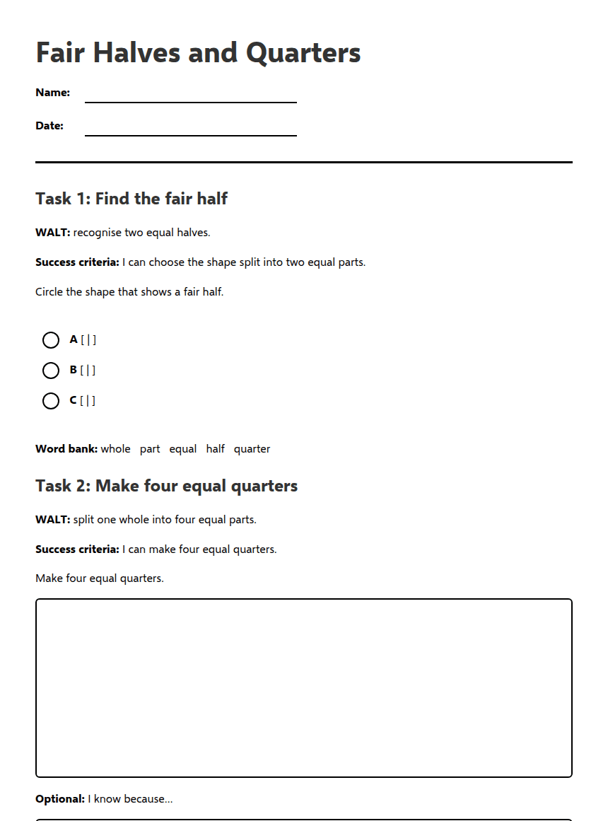 Fair Halves and Quarters worksheet preview