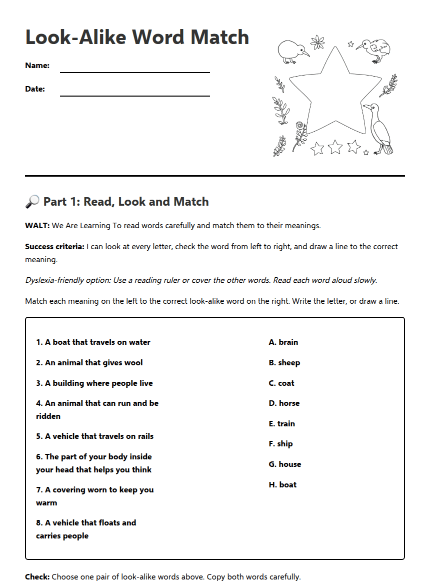 Look-Alike Word Match worksheet preview