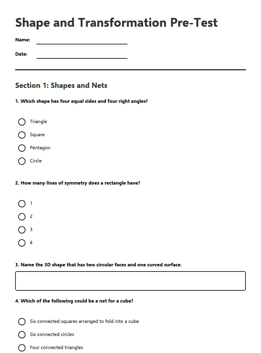 Shape and Transformation Pre-Test worksheet preview
