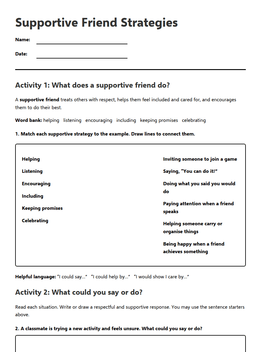 Supportive Friend Action Plan worksheet preview