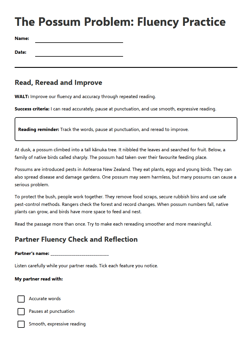 Possum Fluency Practice worksheet preview