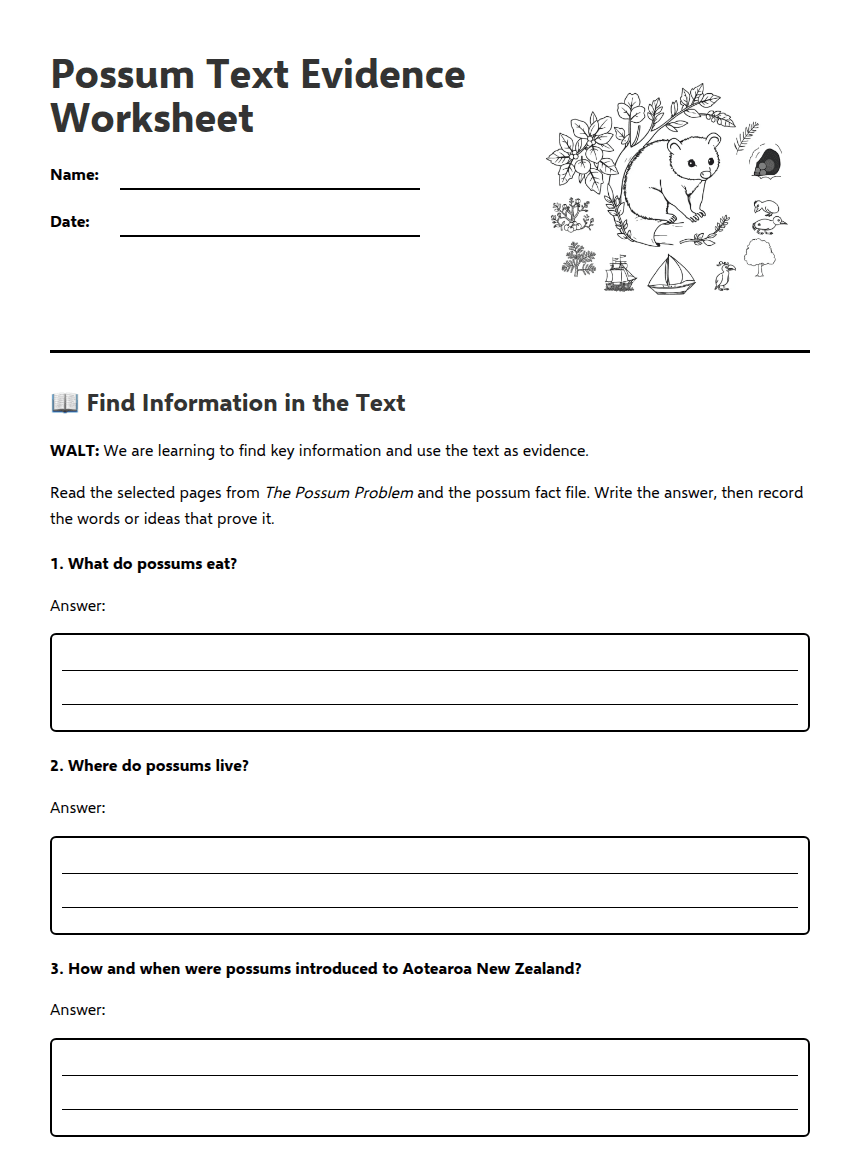 Possum Text Evidence Worksheet worksheet preview