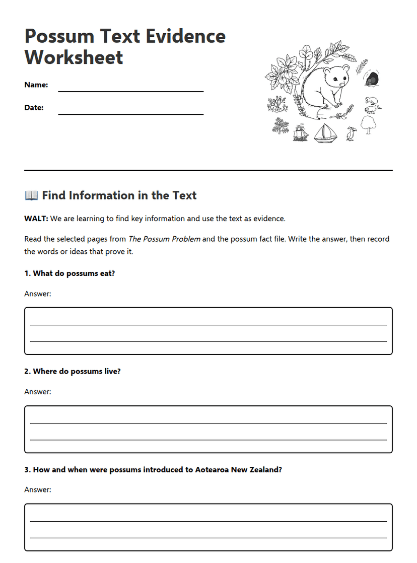 Possum Text Evidence Worksheet