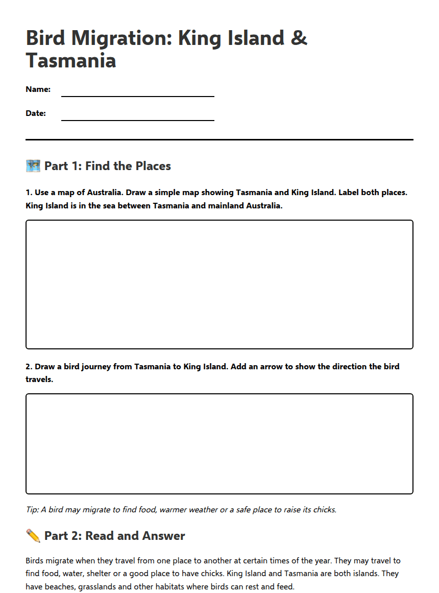 Bird Migration: King Island & Tasmania worksheet preview