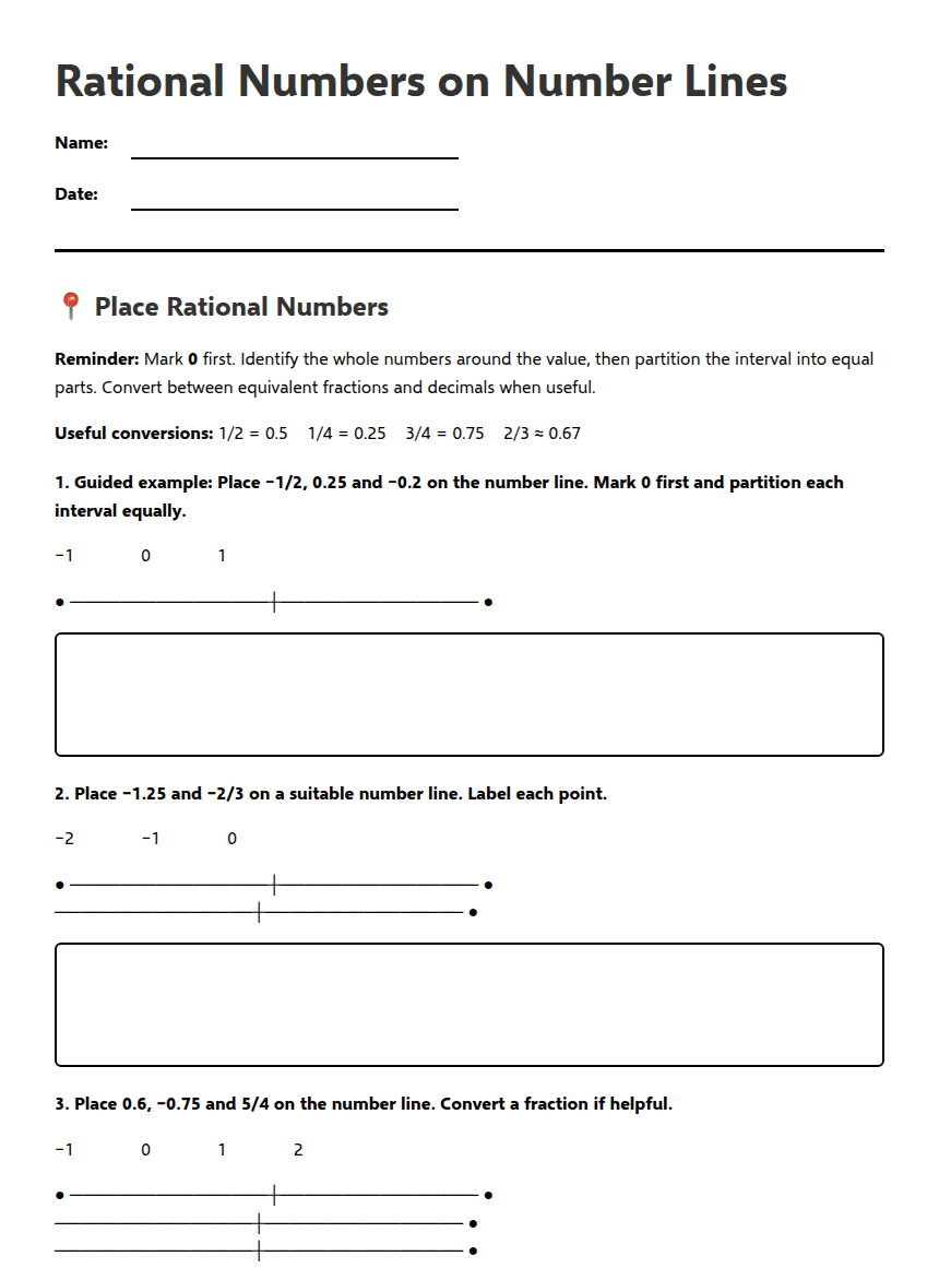 Rational Numbers on Number Lines worksheet preview