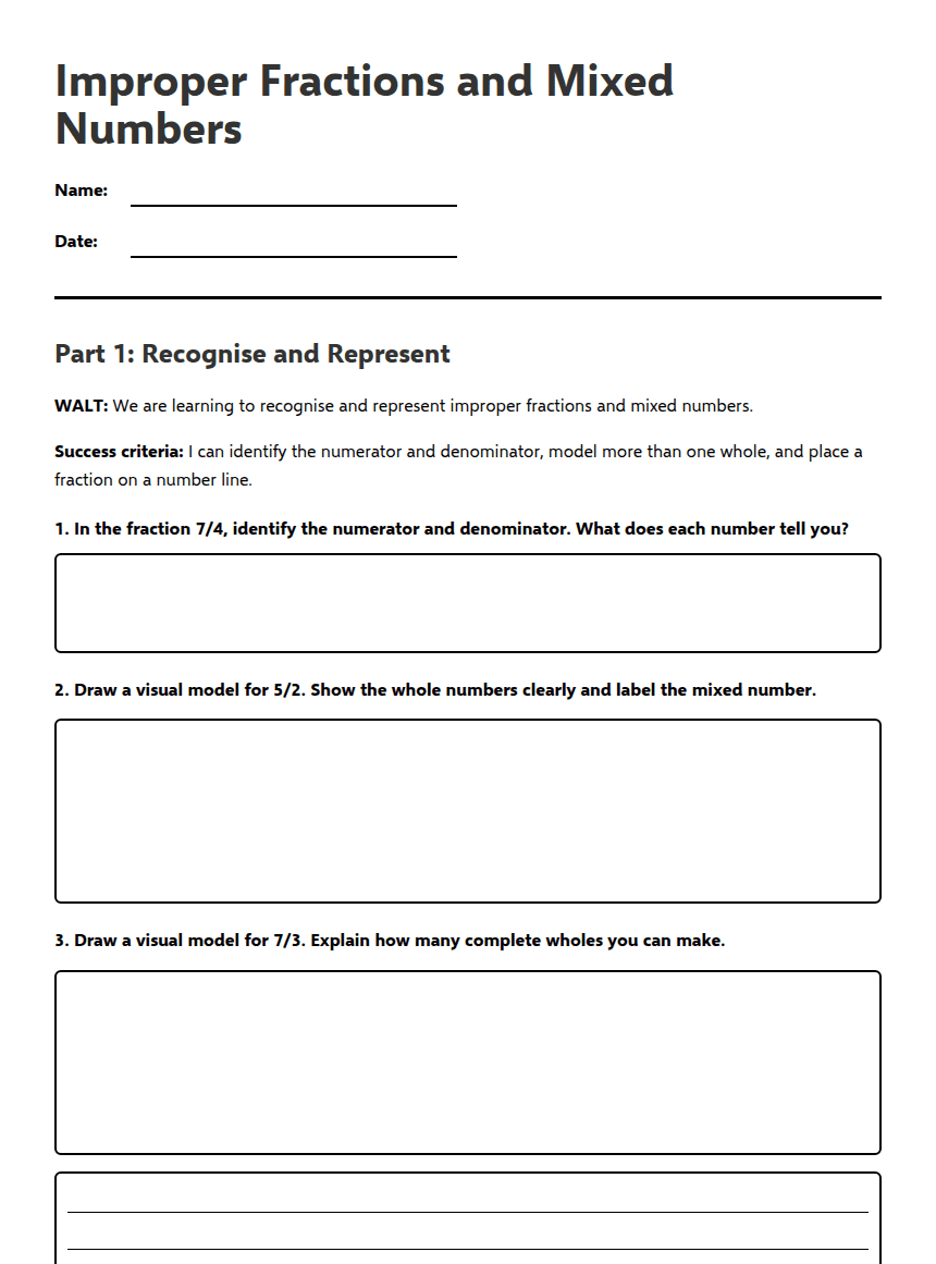 Improper Fractions and Mixed Numbers worksheet preview
