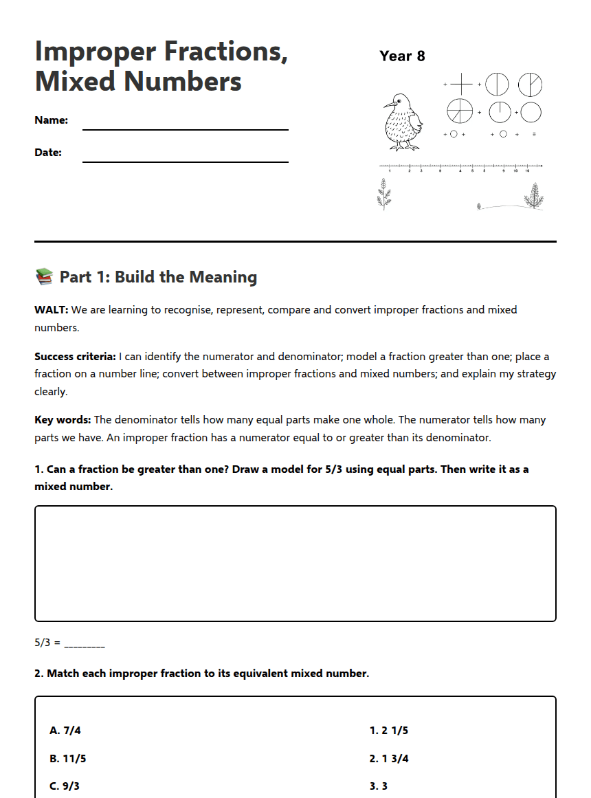 Improper Fractions, Mixed Numbers worksheet preview