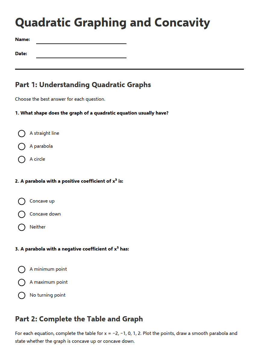 Quadratic Graphing and Concavity worksheet preview